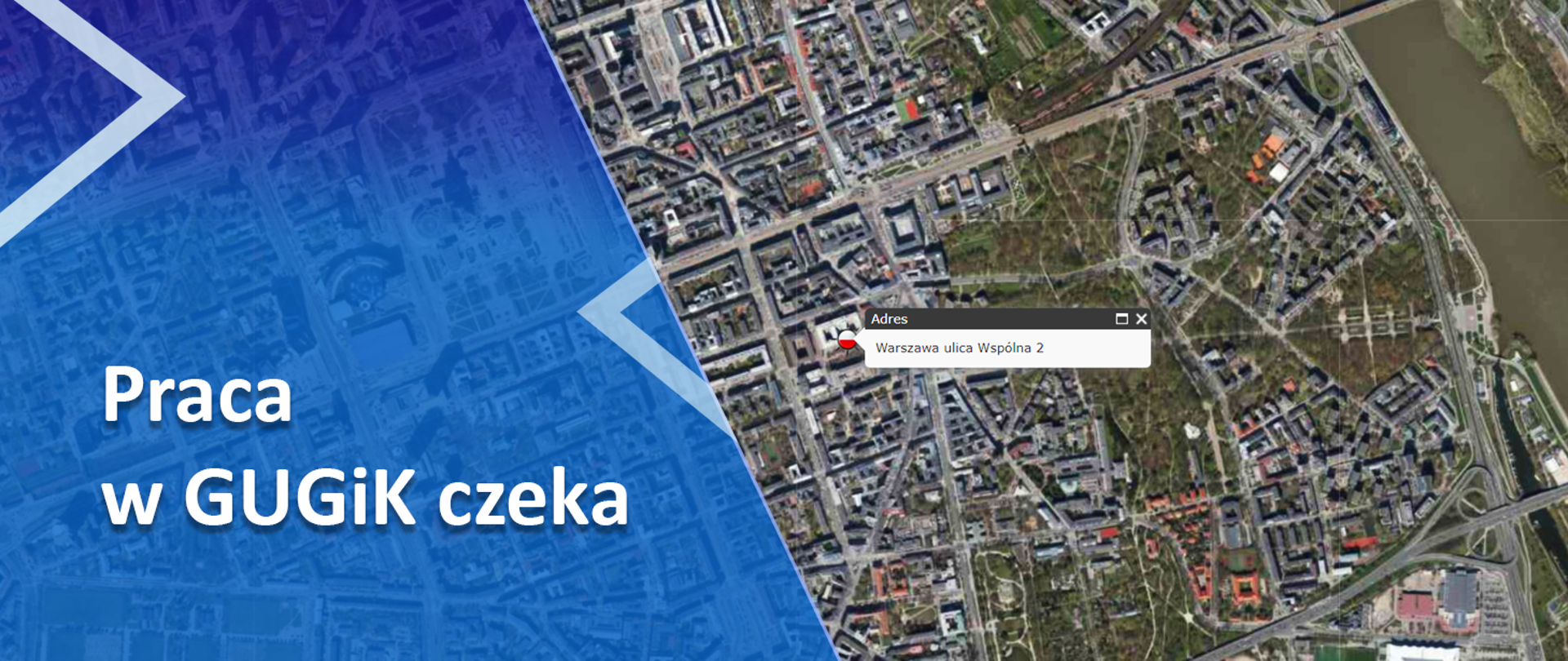 Po lewej stronie na niebieskim tle napis: "Praca w GUGiK czeka", a po prawej fragment ortofotomapy