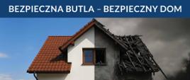 Na górze plakatu na niebieskim pasku widnieje napis Bezpieczna Butla - Bezpieczny dom. Na plakacie znajduje się dom który jest w połowie jest spalony. 