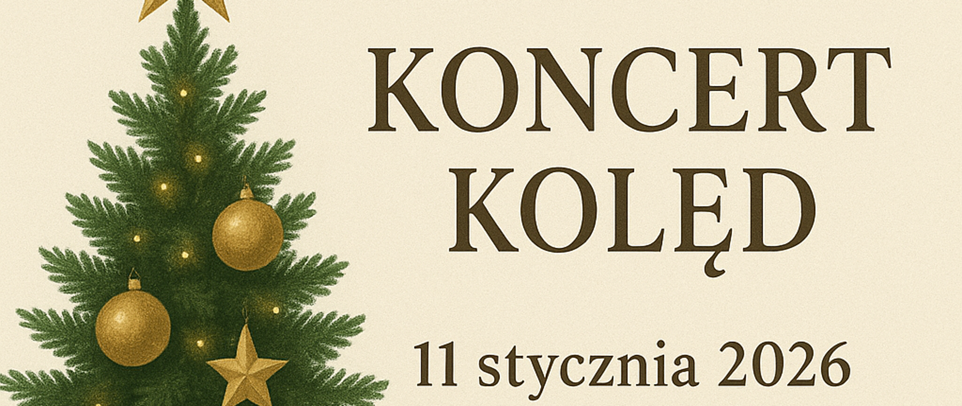 Baner w kolorze beżu po lewej stronie zielona choinka.
