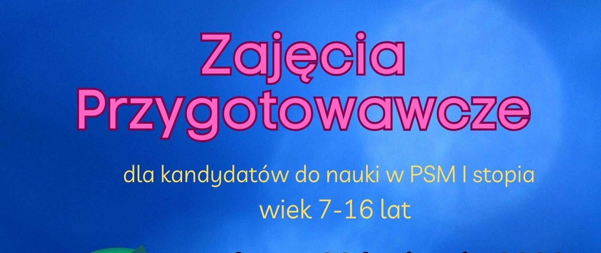 Grafika - afisz. Tło niebieskie. Od góry napisy: Zapraszamy serdecznie na Zajęcia Przygotowawcze dla dla kandydatów do nauki w PSM I stopnia wiek 7-16 lat - sobota, 22 kwietnia 2023 godz. 10.30 - 11.15, sobota 20 maja 2023 godz. 10.30-11.15. Zapisy w sekretariacie szkoły lub pod nr telefonu 77 4332014 - www.gov.pl/web/psm.nysa.. Afisz ozdobiony elementami graficznymi przedstawiającymi instrumenty muzyczne, nutkę i grupę dzieci z instrumentami.
