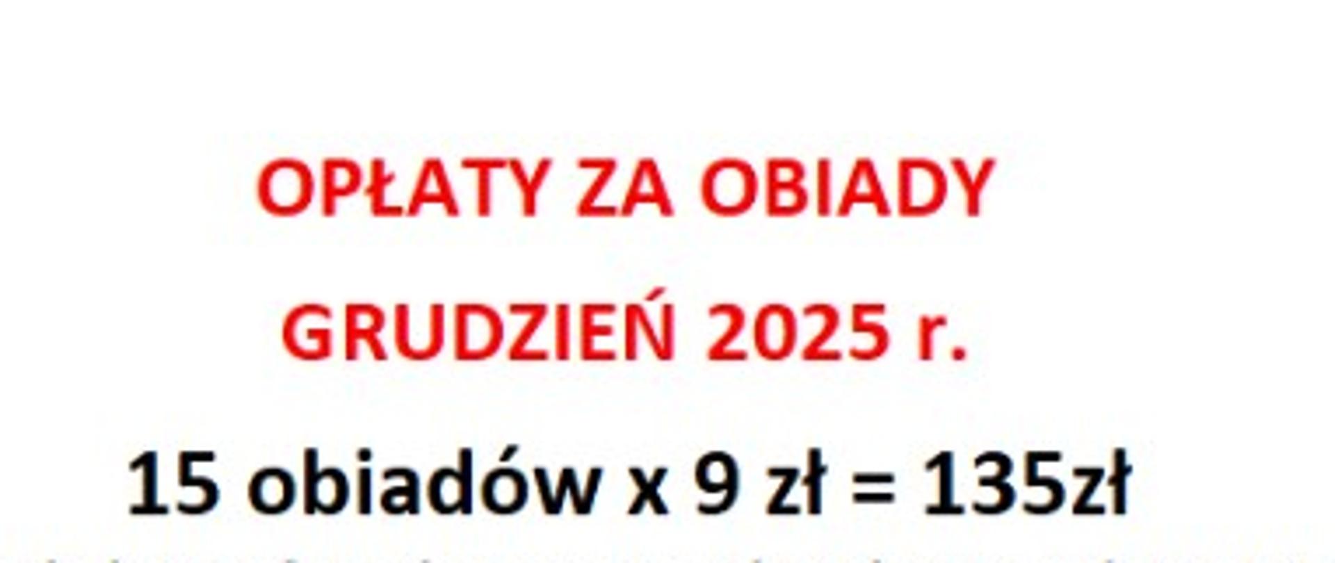 Opłaty za obiady w miesiącu grudzień 2025