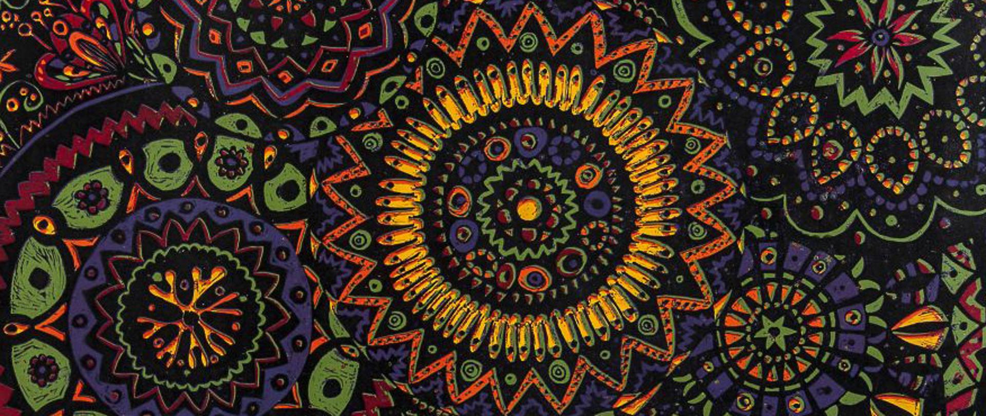 Barwny linoryt przedstawia kompozycję plam, trójkątów, elementów florystycznych ułożonych w okręgi. 