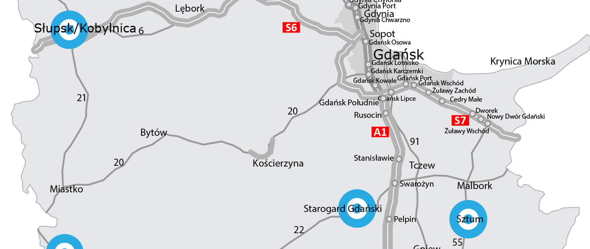 Grafika przedstawia lokalizację obwodnic z Programu budowy 100 obwodnic w województwie pomorskim