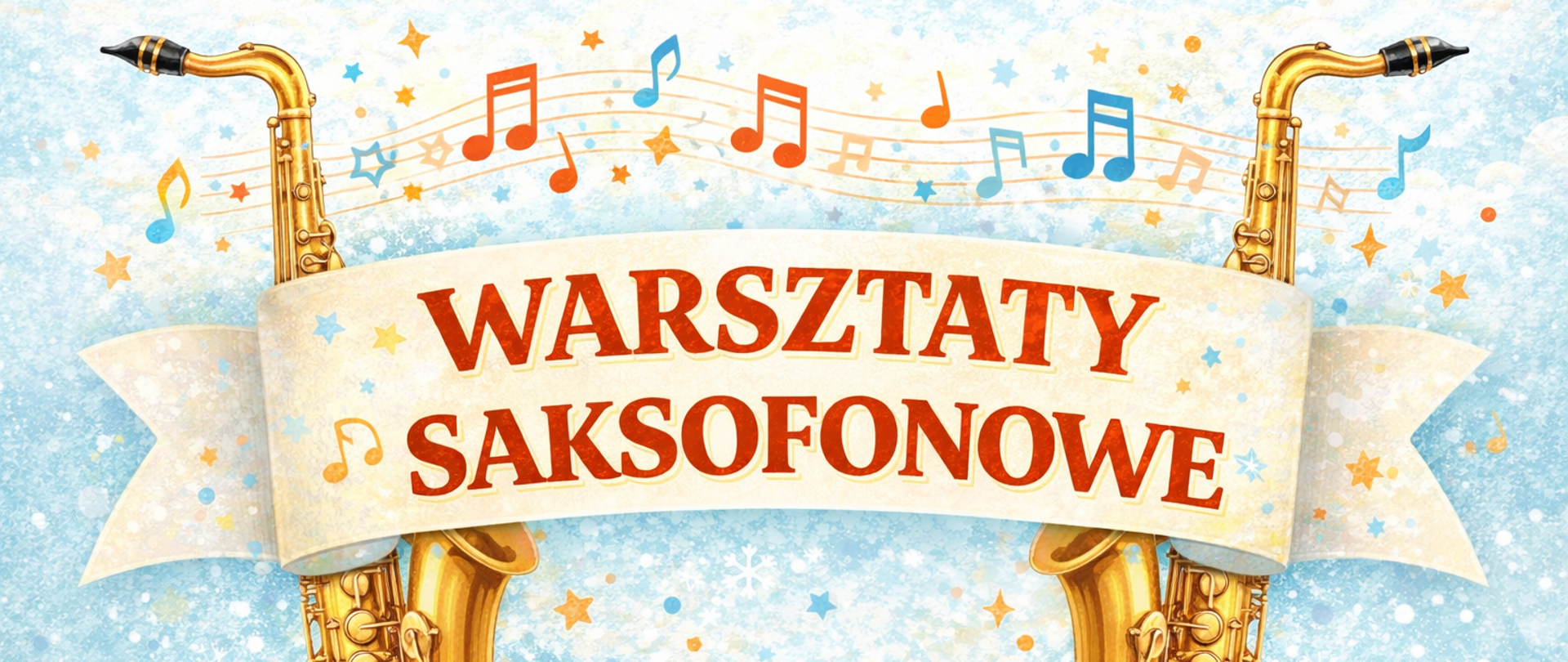 Pozioma, zimowa grafika promująca warsztaty saksofonowe. Na jasnoniebieskim tle widoczne są delikatne płatki śniegu i drobne gwiazdki. Centralnie umieszczony jasny, ozdobny baner z dużym czerwonym napisem „Warsztaty saksofonowe”. Po obu stronach baneru znajdują się symetrycznie ustawione ilustracje złotych saksofonów skierowanych do środka. Nad banerem przebiega stylizowana pięciolinia z kolorowymi nutami w odcieniach niebieskiego i pomarańczu. Całość utrzymana w chłodnej, zimowej kolorystyce z ciepłymi, złotymi akcentami instrumentów, tworząc czytelną i pogodną kompozycję.