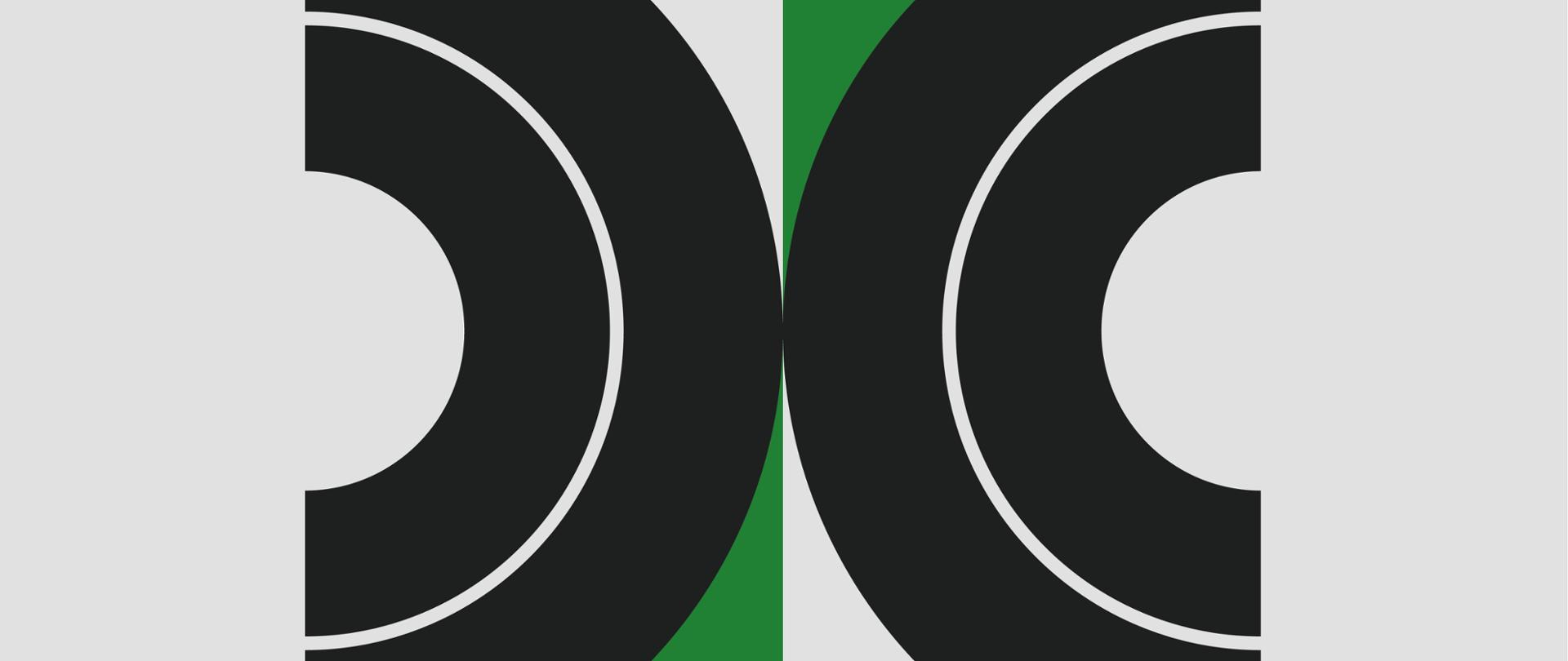 Grafika przedstawiające dwie połówki płyt winylowych, które na środku grafiki stykają się zewnętrzną połową obwodu na tle biało-zielonym.