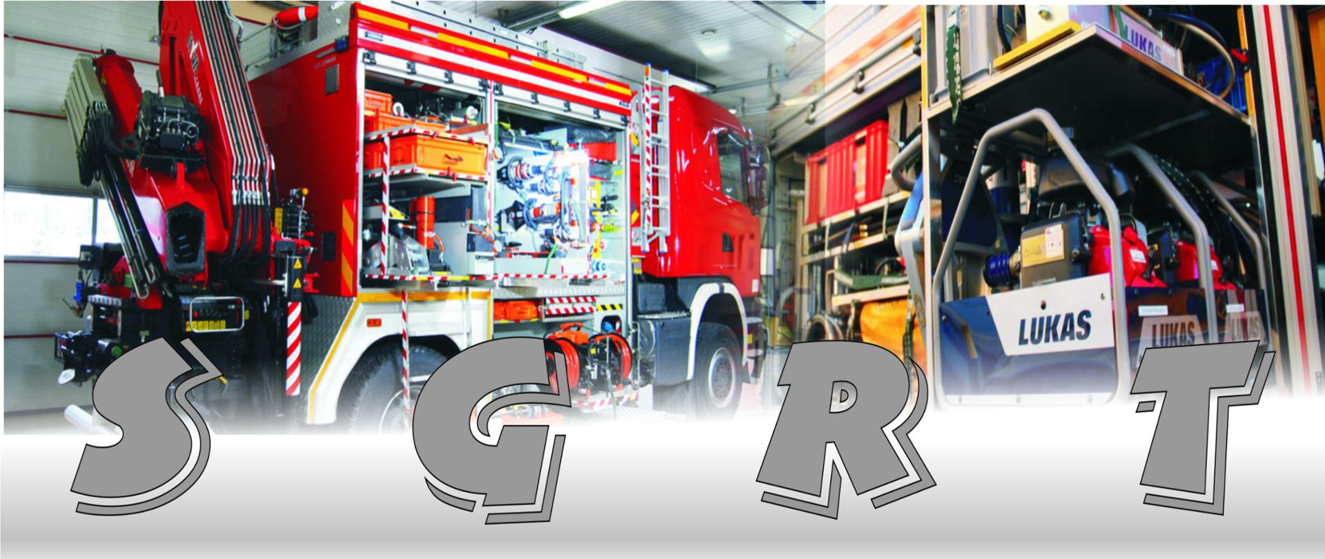 Zdjęcie obrazuje przenikające na siebie obrazy samochodu ratowniczego sfotografowanego z tylnej prawej strony oraz zawartości jednej z jego skrytek ze sprzętem. 