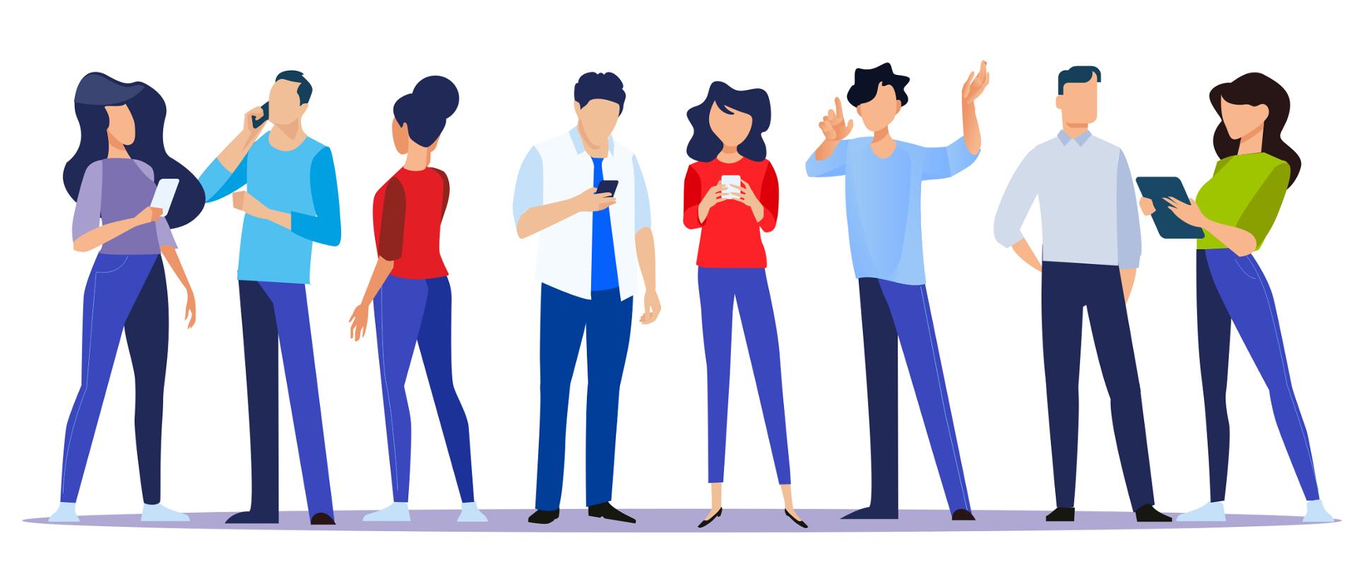 Grafika wektorowa - osiem osób (czterech mężczyzn, cztery kobiety) - wszyscy stoją, w różnych pozach, każdy z nich korzysta z telefonu komórkowego lub tableta.