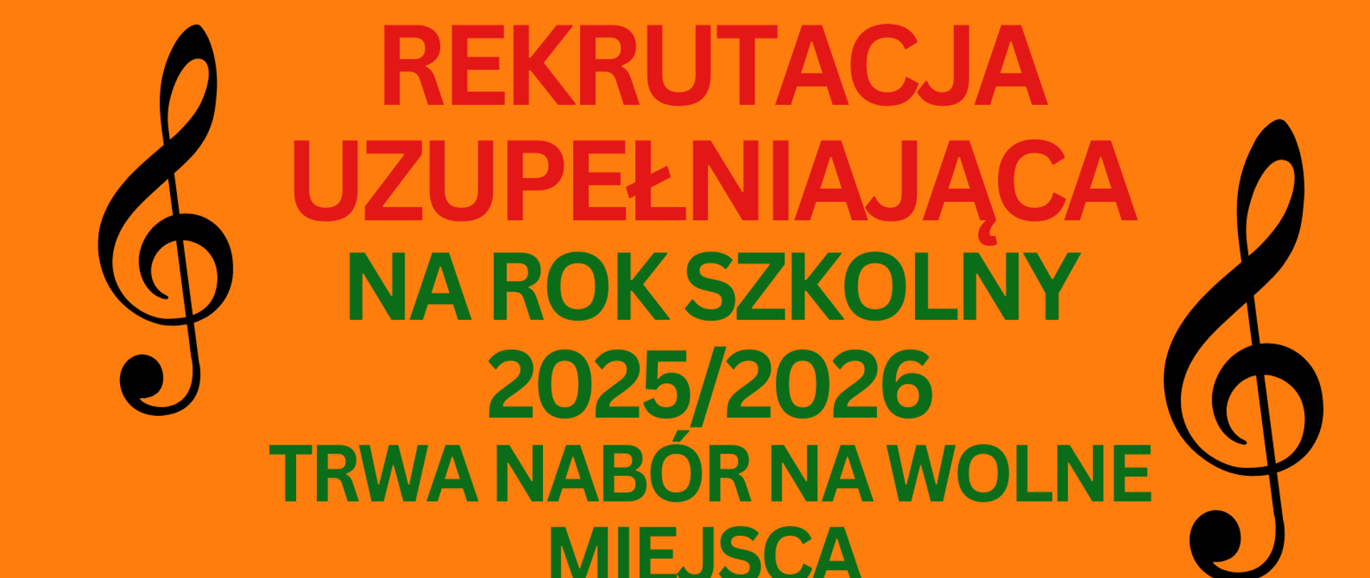 "Plakat rekrutacyjny Państwowej Ogólnokształcącej Szkoły Muzycznej I stopnia im. St. Moniuszki w Katowicach. Tło w kolorze pomarańczowym, po bokach czarne klucze wiolinowe. Duży napis: 'Rekrutacja uzupełniająca na rok szkolny 2025/2026 – trwa nabór na wolne miejsca'. Wskazano dostępne specjalności: akordeon, fortepian, skrzypce, gitara, flet, saksofon. Informacja o stronie internetowej szkoły (zpsm.edu.pl), zakładce rekrutacyjnej i numerze telefonu do sekretariatu: 32 2589410. Na dole napis: 'Zapraszamy!! Dołącz do naszej muzycznej rodziny'.