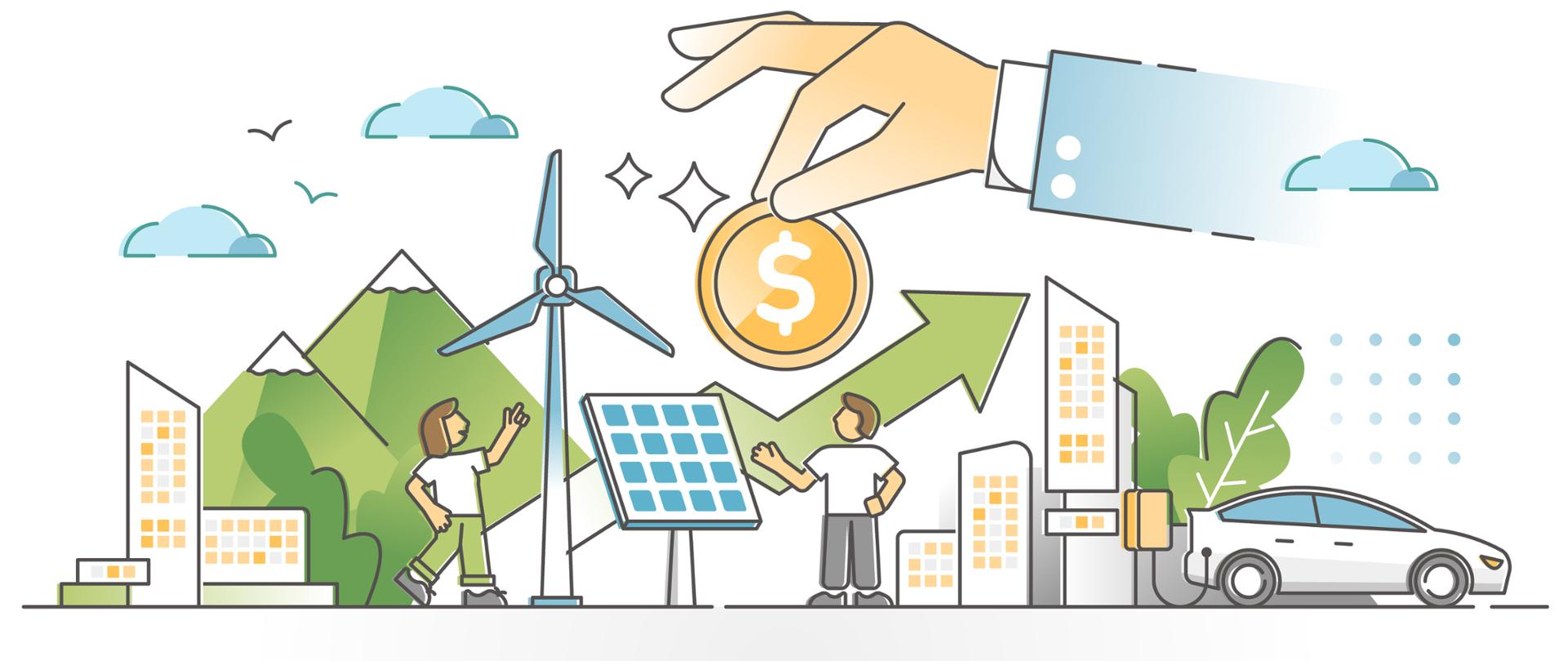 Renewable energy investment as natural future fund strategy outline concept. Alternative electricity and power production financial profit for zero emissions climate approach vector illustration.