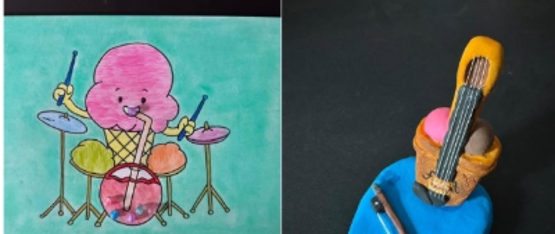 Zdjęcie prac konkursu "Lodowe instrumenty" wykonane przez uczniów Szkoły Muzycznej w Lublińcu