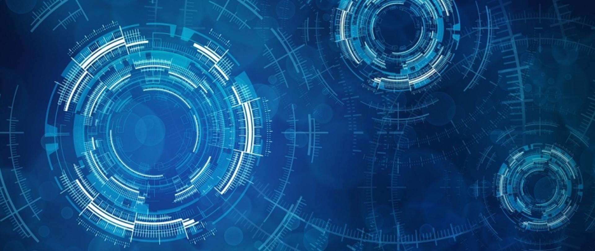 Niebieski, cyfrowy interfejs z okręgami i liniami w stylu futurystycznym, przypominający wyświetlacz HUD.