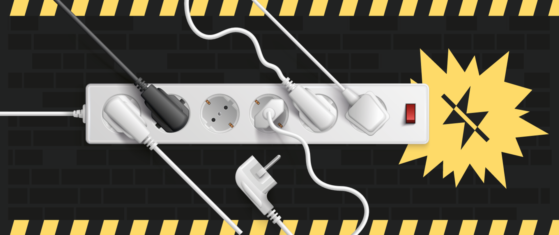 Przepełniona listwa zasilająca z kilkoma wpiętymi wtyczkami różnych urządzeń. W tle żółty symbol ostrzegawczy z błyskawicą przekreśloną czarną linią, sugerujący zagrożenie przeciążeniem elektrycznym.