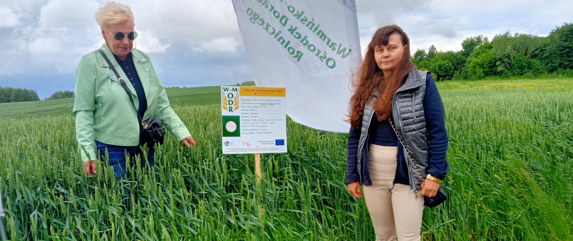 dwie kobiety stojące na plantacji zbóż. pomiędzy nimi tablica demonstracyjna z opisem oraz rollup WMODR