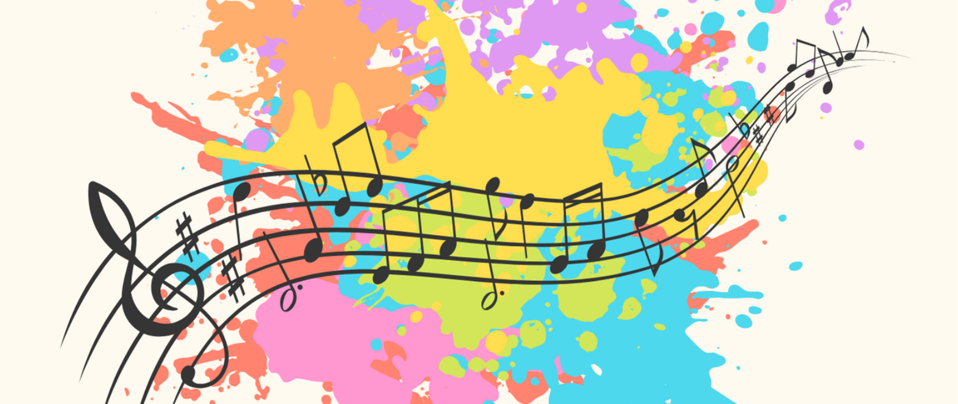 Plakat przedstawiający nuty na pięciolinii na kolorowym tle