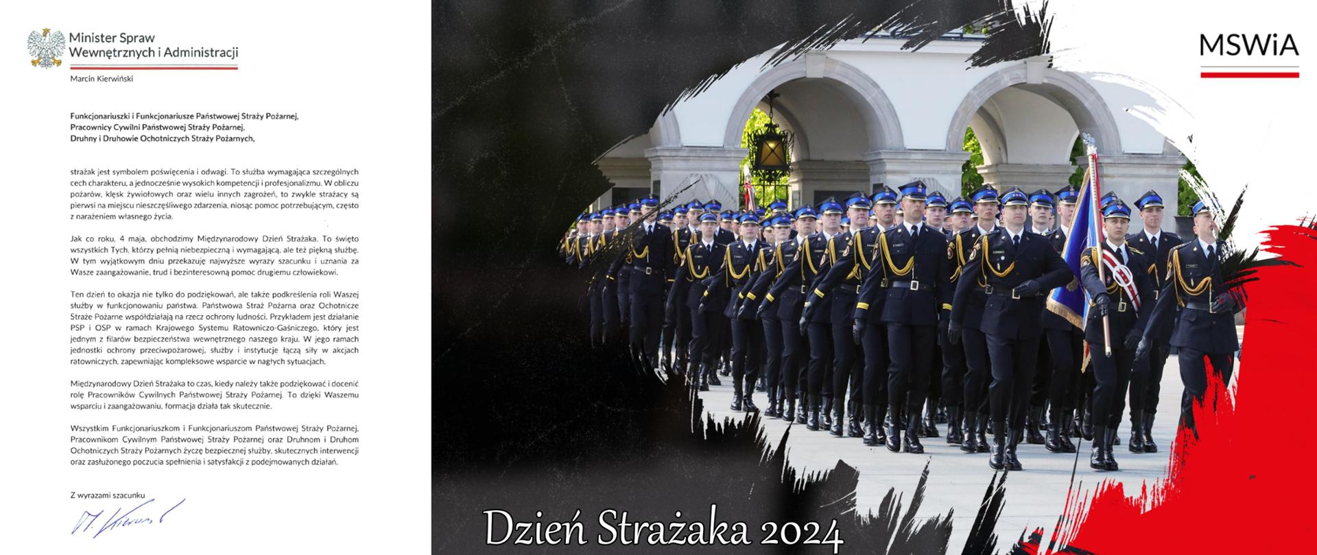 Baner z życzeniami Ministra Spraw Wewnętrznych i Administracji Marcina Kierwińskiego z okazji Dnia Strażaka