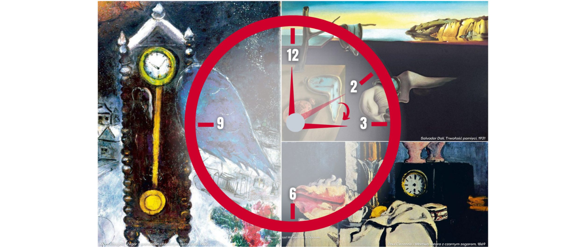 tarcza zegara na tle obrazów Chagalla, Dali'ego i Cezanna, ze wskazówkami przesuwającymi się z drugiej na trzecią