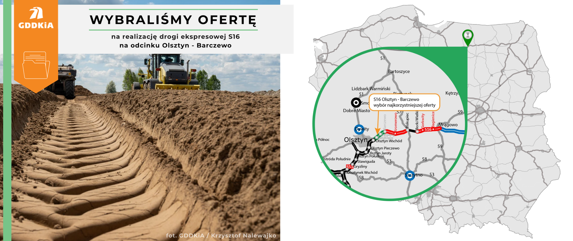Grafika informująca o wyborze najkorzystniejszej oferty na realizację drugiej jezdni drogi ekspresowej S16 na odcinku Olsztyn - Barczewo. Po prawej mapa Polski z zaznaczonym odcinkiem. Po lewej poglądowe zdjęcie z placu budowy. Ślad w ziemi pozostawiony przez przejeżdżającą ciężarówkę. W tle pracujący sprzęt budowlany.
