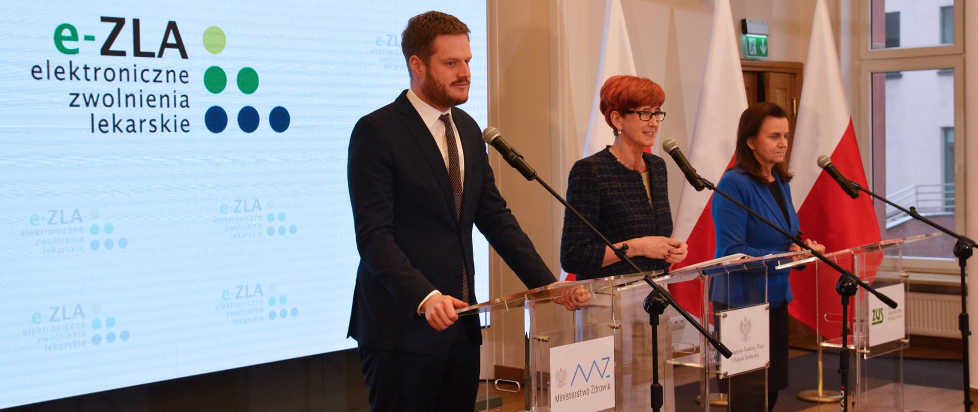 E-zwolnienia wdrożone z sukcesem - briefing prasowy z udziałem minister Elżbiety Rafalskiej, wiceministra zdrowia Janusza Cieszyńskiego i prezes ZUS Gertrudy Uścińskiej. 