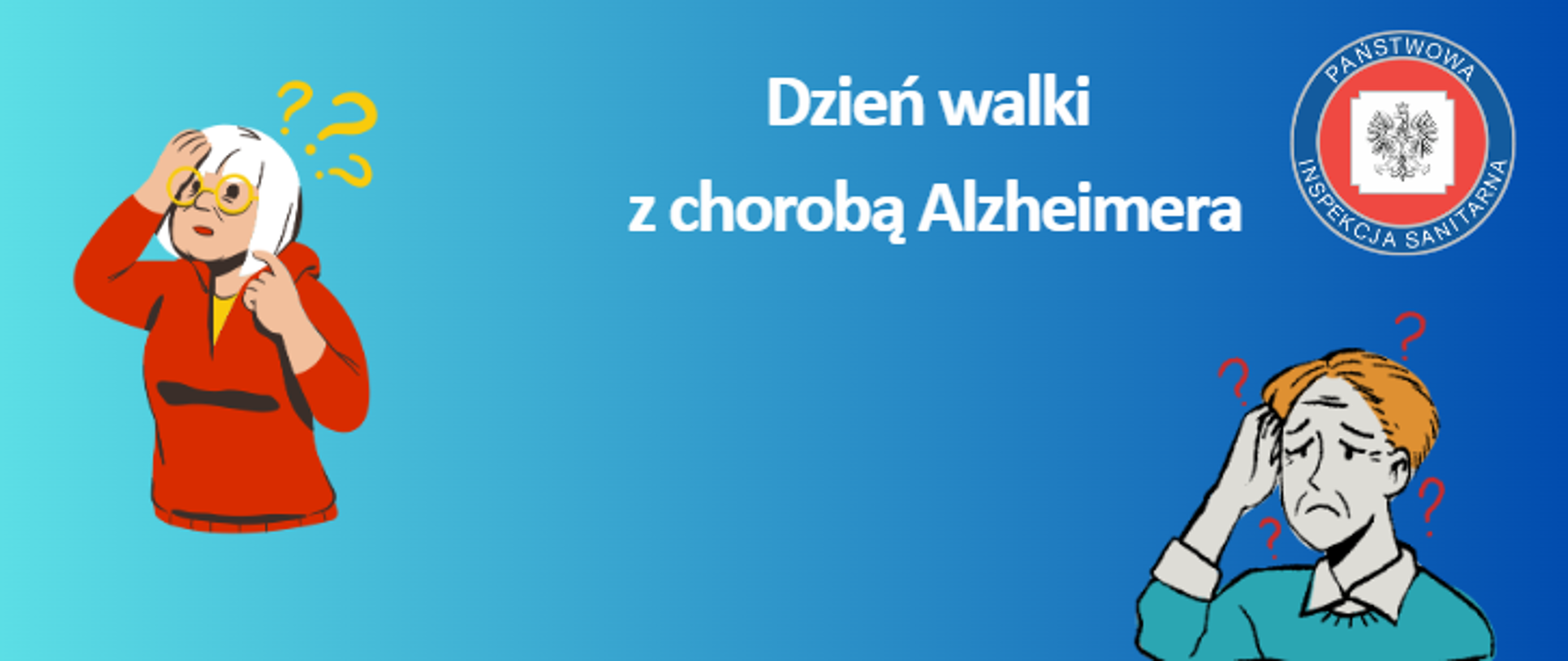 Grafika przedstawia osoby mające trudności z pamięcią, hasło przewodnie dotyczące walki z chorobą Alzheimera oraz logo inspekcji sanitarnej