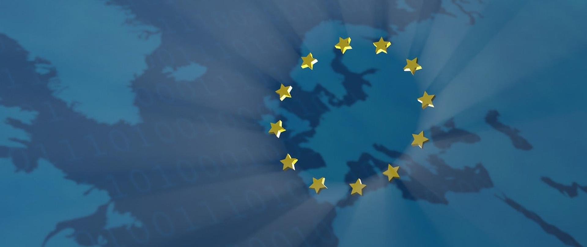 żółte gwiazdki na błękitnym tle, mapie Europy