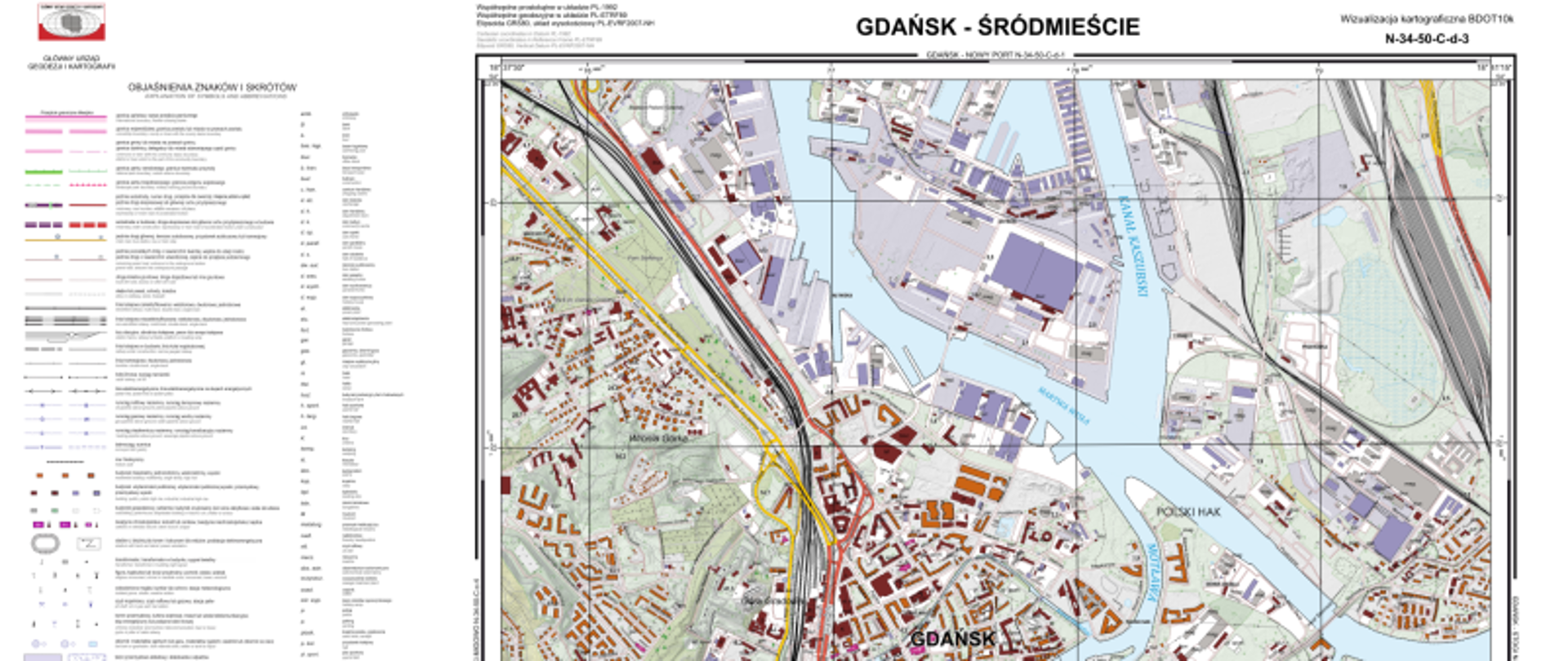 Ilustracja przedstawia zrzut ekranu z przykładową wizualizacją kartograficzną BDOT10k w skali 1:10 000 dla Gdańska.