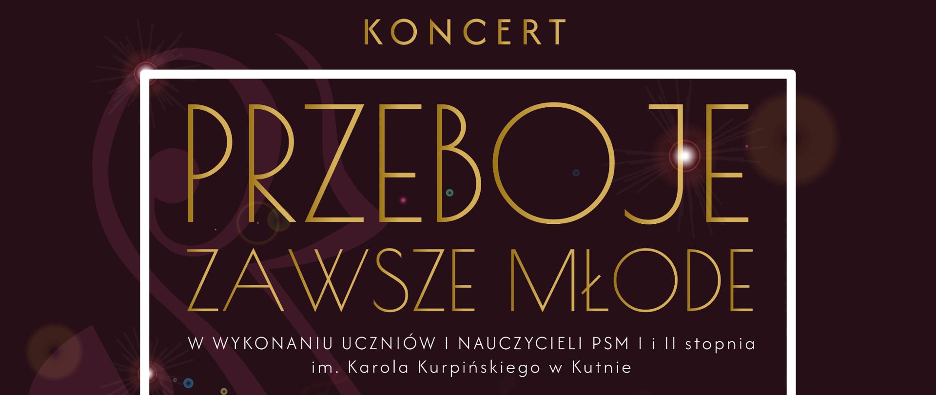 Na grafice przedstawiającej kolorowe instrumenty na klawiaturze napis w złotej ramce koncert przeboje zawsze młode w wykonaniu uczniów i nauczycieli szkoły, w programie przeboje 19 marca 2026 r, godz. 17.00 w CTMiT