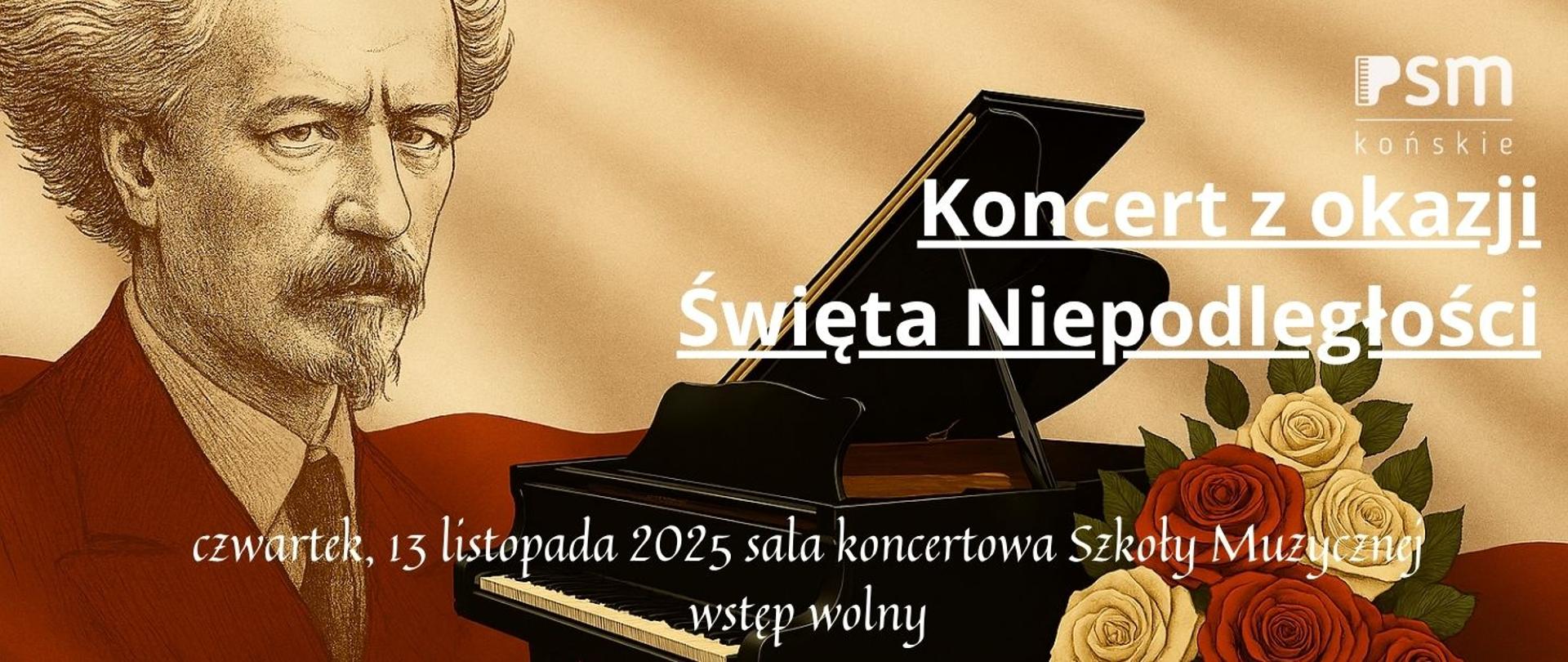 baner w kolorach brązu i beżu. Białe litery. Z lewej strony postać , z prawej róże, pośrodku czarny fortepian