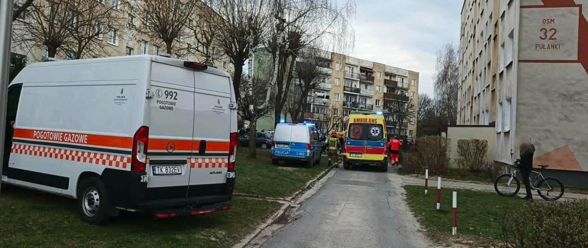 Na zdjęciu widoczne są samochody służb ratunkowych podczas prowadzonych działań.