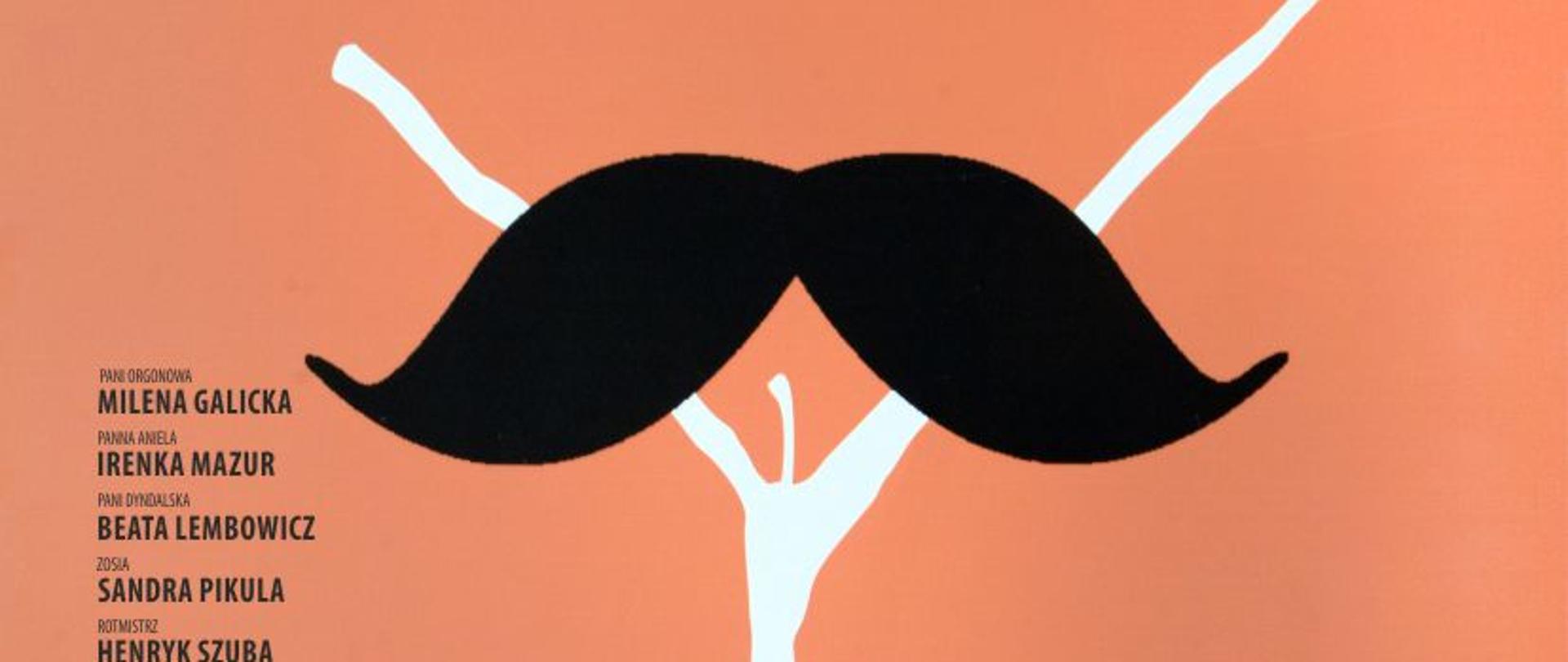 Plakat spektaklu - graficzne przedstawienie wąsów i organicznej formy przypominającej jednocześnie kwiat i zarys kobiecego łona. Tekst: Damy i huzary, Amatorski Teatr Towarzyski, 4 października 2023, godz. 14.00, aula Państwowego Liceum Sztuk Plastycznych im. C. K. Norwida w Lublinie