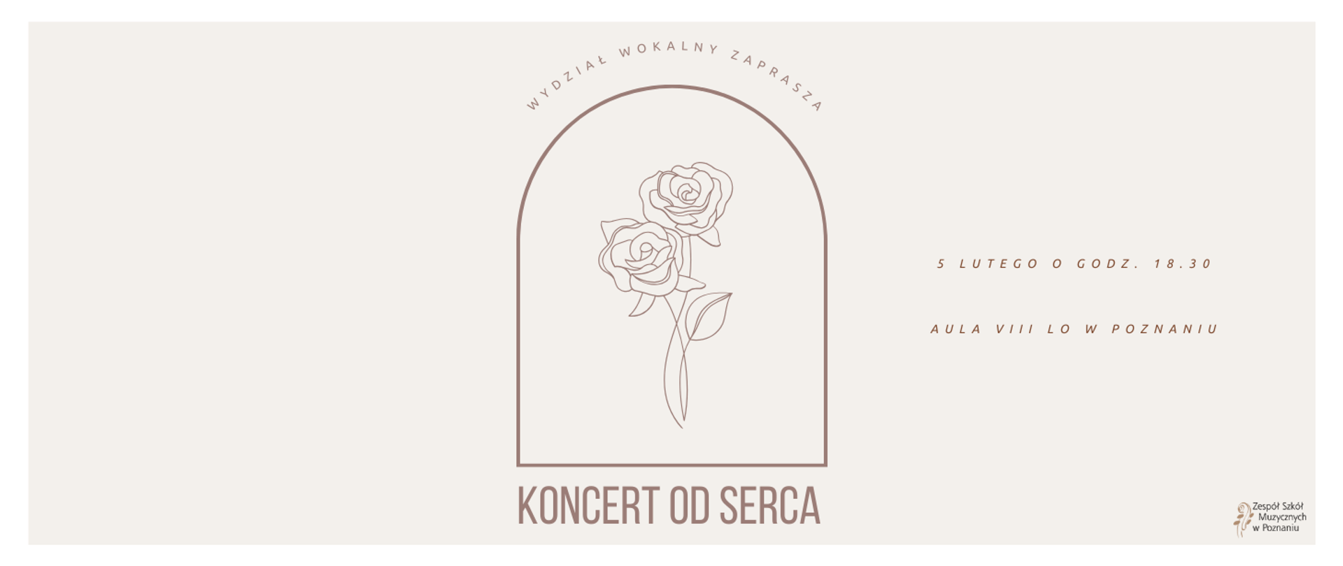 Baner na rózowym tle z grafiką róży, KONCERT OD SERCA, 5 lutego o godz. 18:30, Au;a VIII LO w Poznaniu