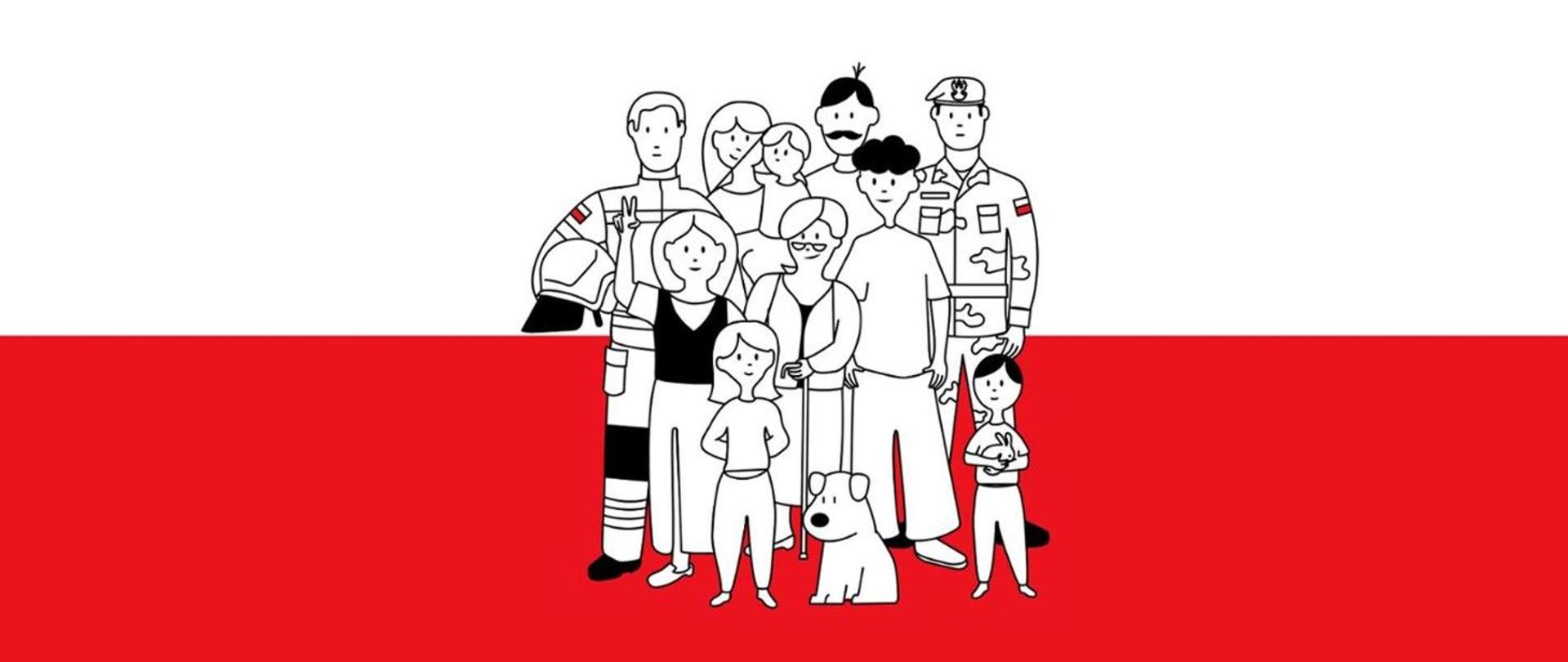Ilustracja grupy osób reprezentujących różne zawody i pokolenia na tle polskiej flagi, symbolizująca bezpieczeństwo i wspólnotę.