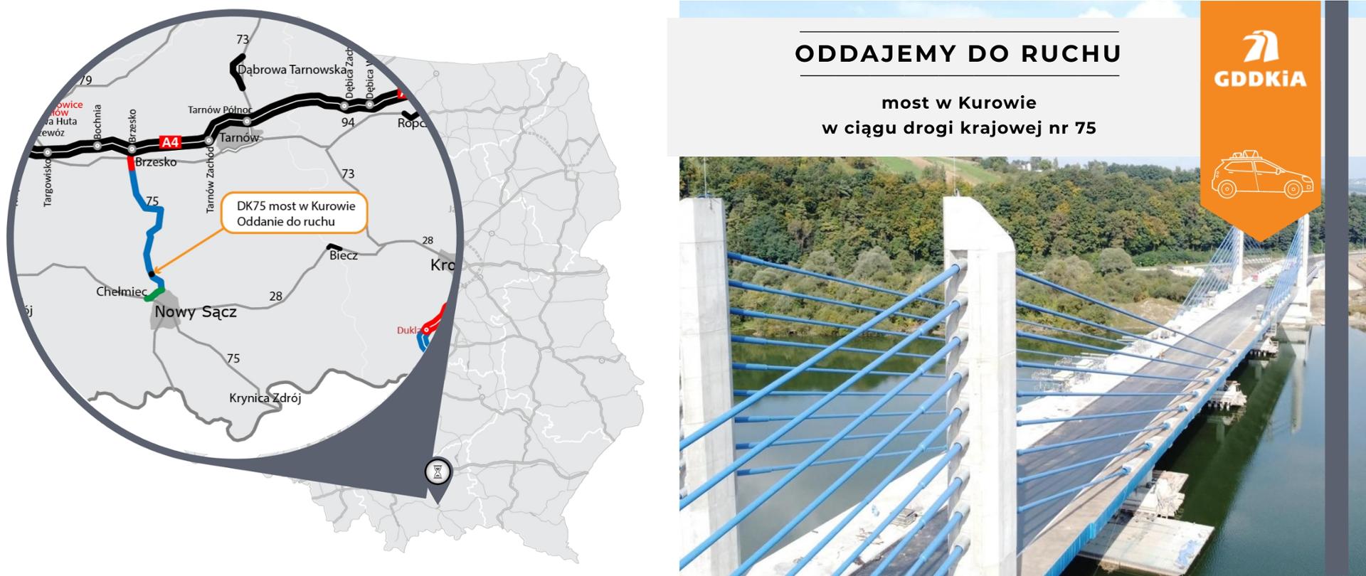 mapa z zaznaczeniem mostu w Kurowie oraz zdjęcie mostu