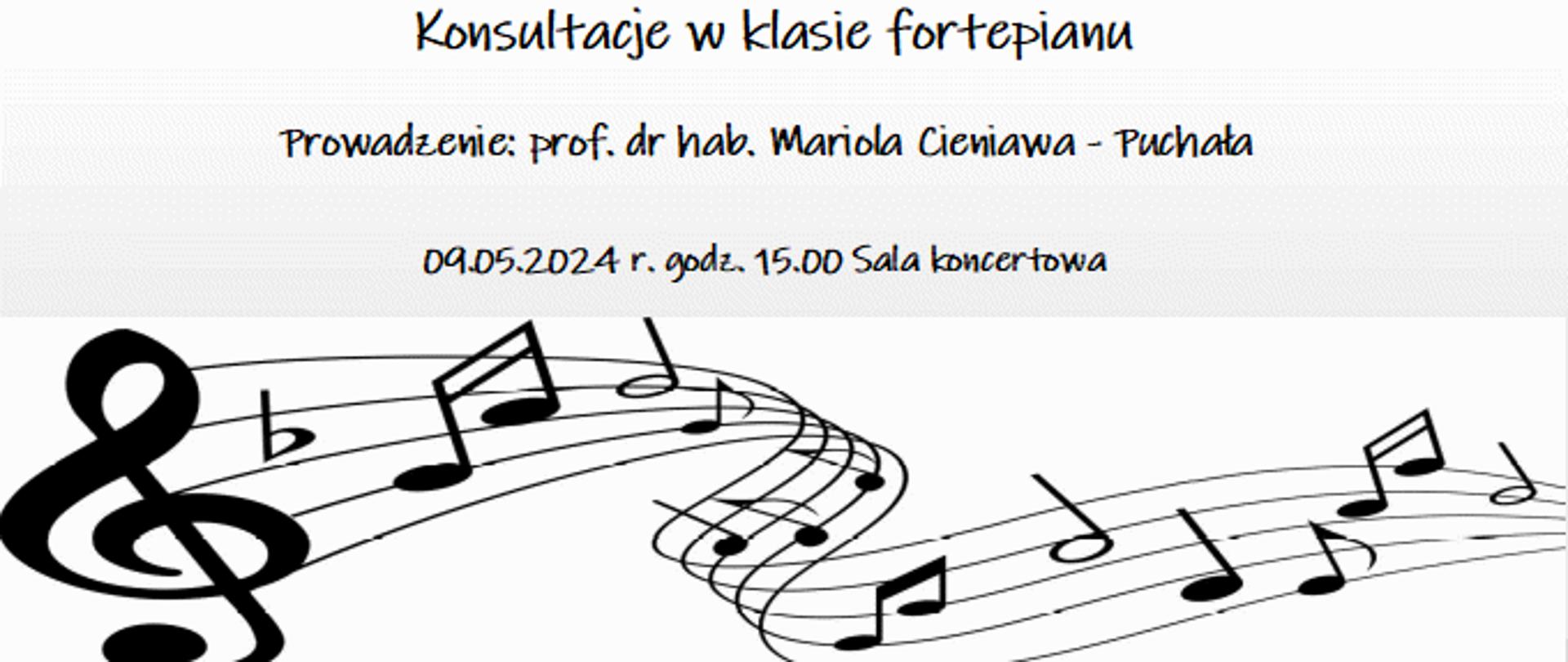 Napis konsultacje w klasie fortepianu na tle nutek