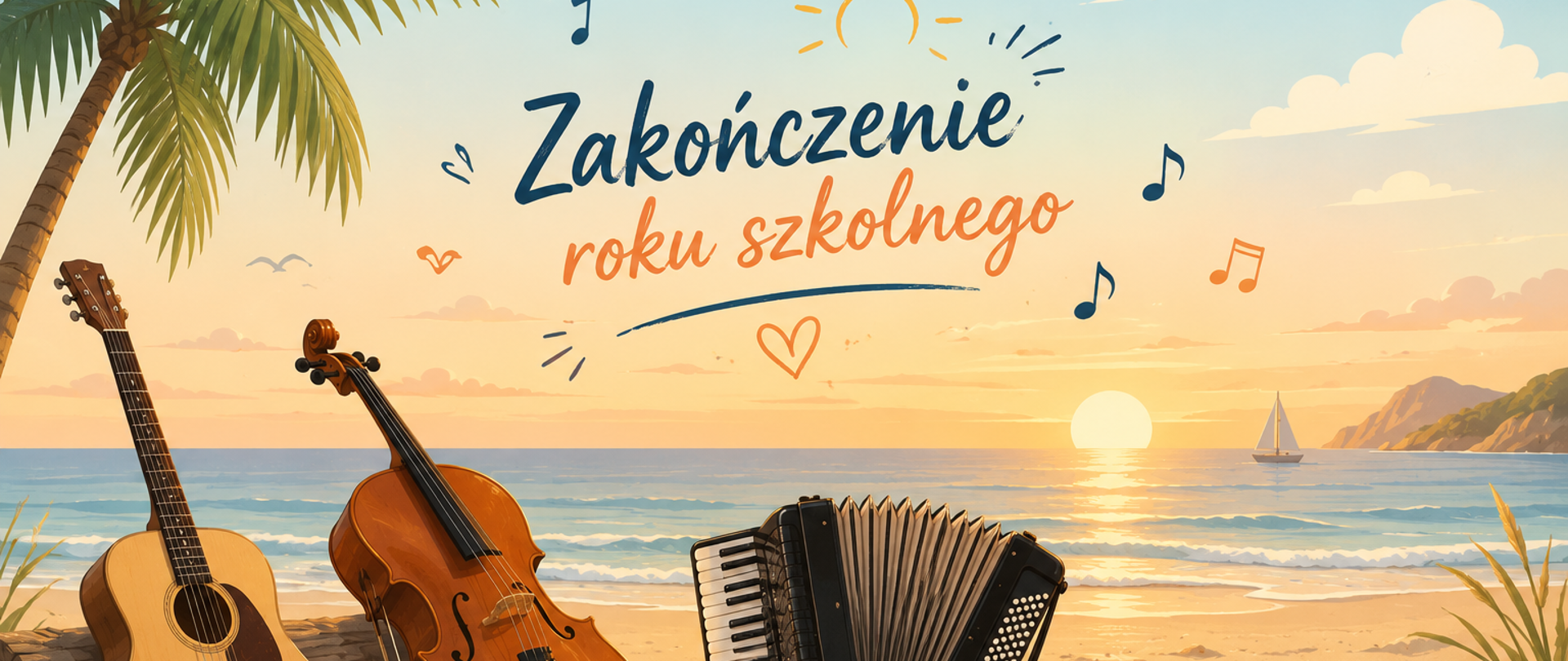 Ilustracja przedstawia piaszczystą plażę o zachodzie słońca. Na pierwszym planie, na piasku, ustawiono i ułożono instrumenty muzyczne: gitarę opartą o pień palmy, wiolonczelę, akordeon oraz leżące przed nimi flet, klarnet i saksofon. W tle widać spokojne morze, żaglówkę na horyzoncie oraz ciepłe, pomarańczowo-złote niebo. Z lewej strony rośnie palma, a po prawej znajdują się nadmorskie rośliny. Nad instrumentami umieszczono ozdobny napis „Zakończenie roku szkolnego”, otoczony prostymi ilustracjami nut i słońca. Całość utrzymana jest w lekkim, wektorowym stylu z ciepłą, wakacyjną kolorystyką, nawiązującą do muzyki i początku letnich wakacji.