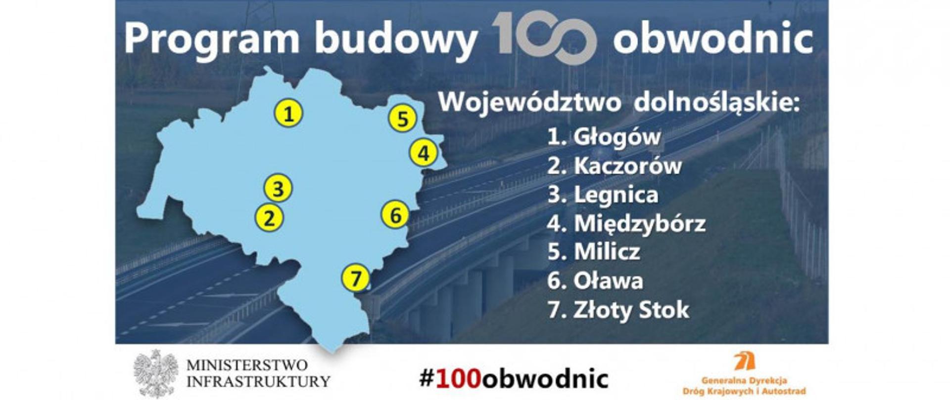 Na zdjęciu widać kontur mapy dolnego śląska z zaznaczeniem 100 obwodnic