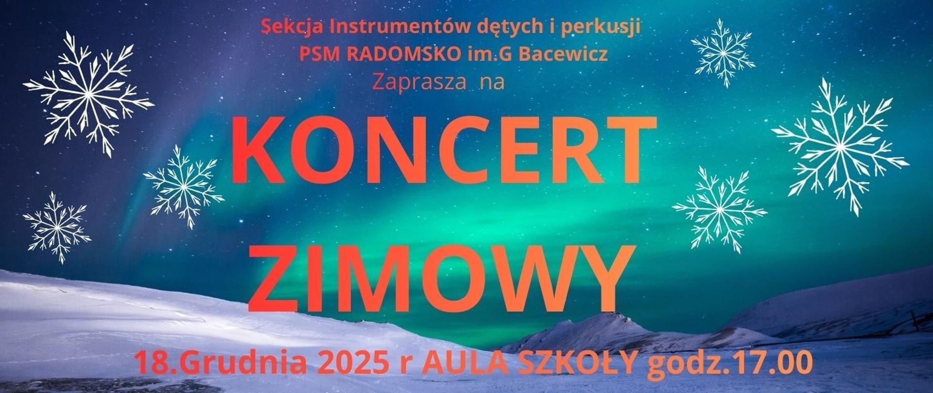 Tłem plakatu jest zimowy pejzaż z zaśnieżonymi wzniesieniami oraz niebiem z zorzą polarną w kolorze turkusowym, grafiki płatków śniegu w kolorze białym. Napisy informacyjne w kolorze czerwonym.