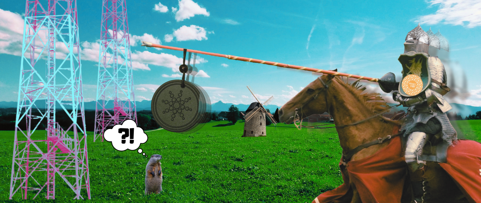 Na ilustracji konny rycerz w zbroi atakuje maszty telekomunikacyjne. Na hełmie ma czapeczkę z folii aluminiowej i umieszczone na tarczy i kopii naklejki i wisiorki chroniące rzekomo przed promieniowaniem.