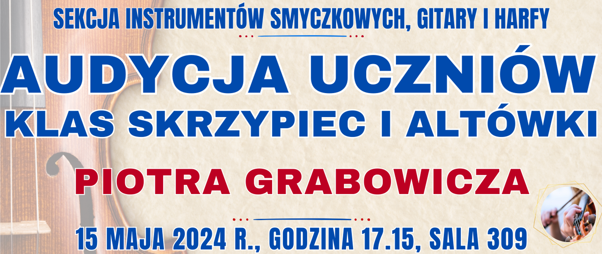 kolorowe tło z widocznymi skrzypcami oraz informacja o wydarzeniu