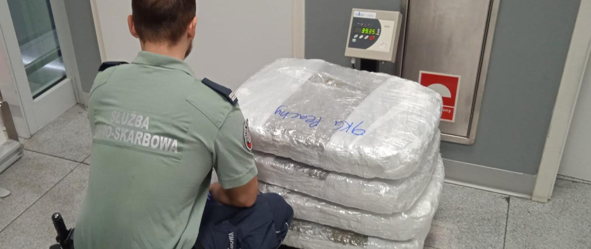 Funkcjonariusz Służby Celno-Skarbowej podczas ważenia marihuany.