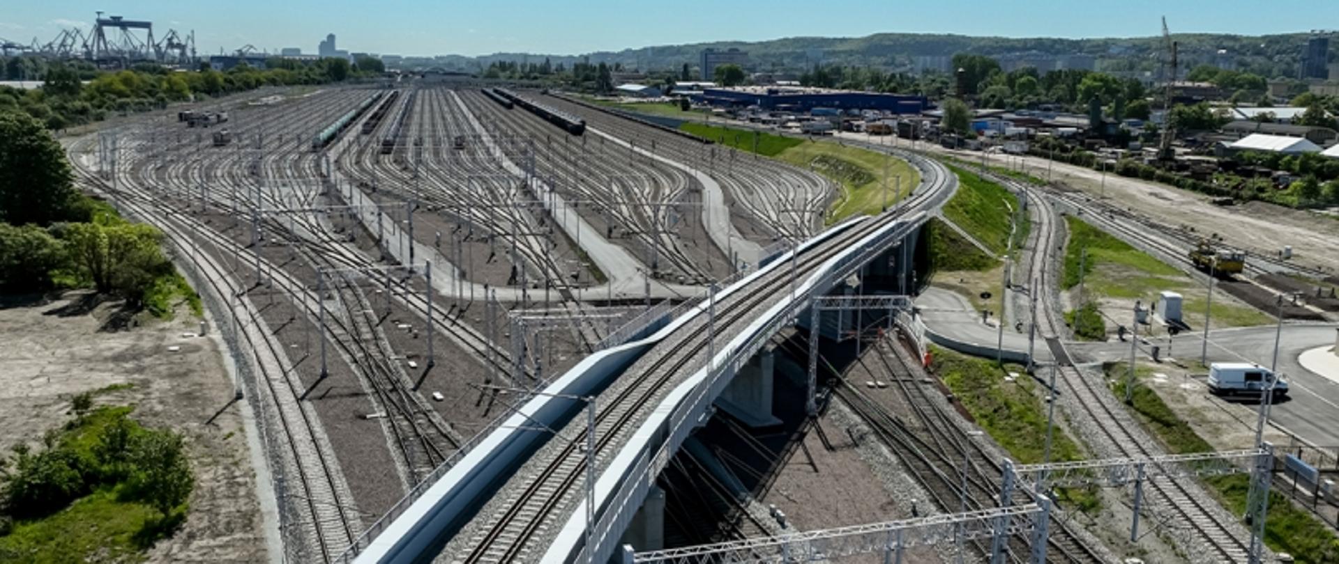 Panorama węzła kolejowego z torami rozchodzącymi się w różnych kierunkach; na pierwszym planie wiadukt kolejowy, w tle budynki przemysłowe i wzgórza.