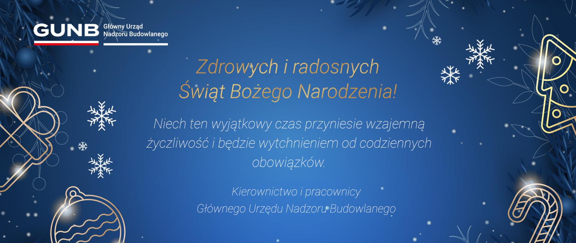 Świąteczna grafika z życzeniami Bożonarodzeniowymi GUNB na niebieskim tle z motywami zimowymi.