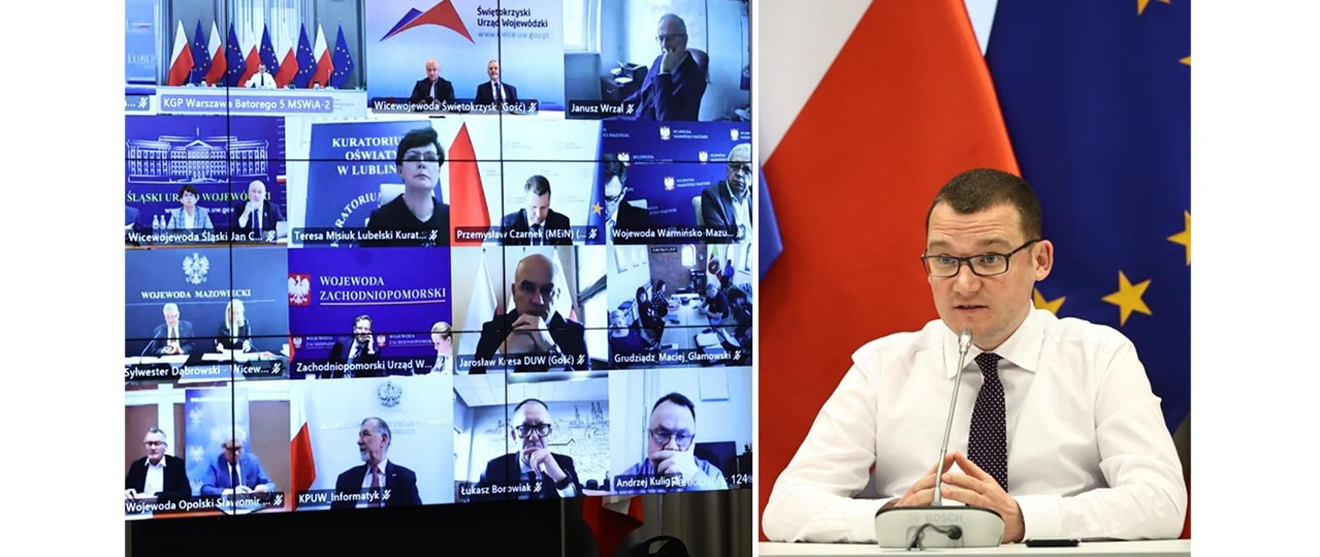 Wiceminister Paweł Szefernaker podczas wideokonferencji z prezydentami polskich miast. 