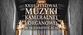 Plakat na czarnym tle przedstawiający organy kościelne poniżej napisy 2024 wstęp wolny środkowej części plakatu daty i program festiwalu na samym dole nabrałem tle loga sponsorów i patronatów medialnych. Logo radia rsc logo gazety głos mogą gazety ITS logo stowarzyszenia Ars Juventus logo państwowej szkoły muzycznej i samorządowej szkoły muzycznej logo miasta Skierniewice logo muzeum historycznego w Skierniewicach