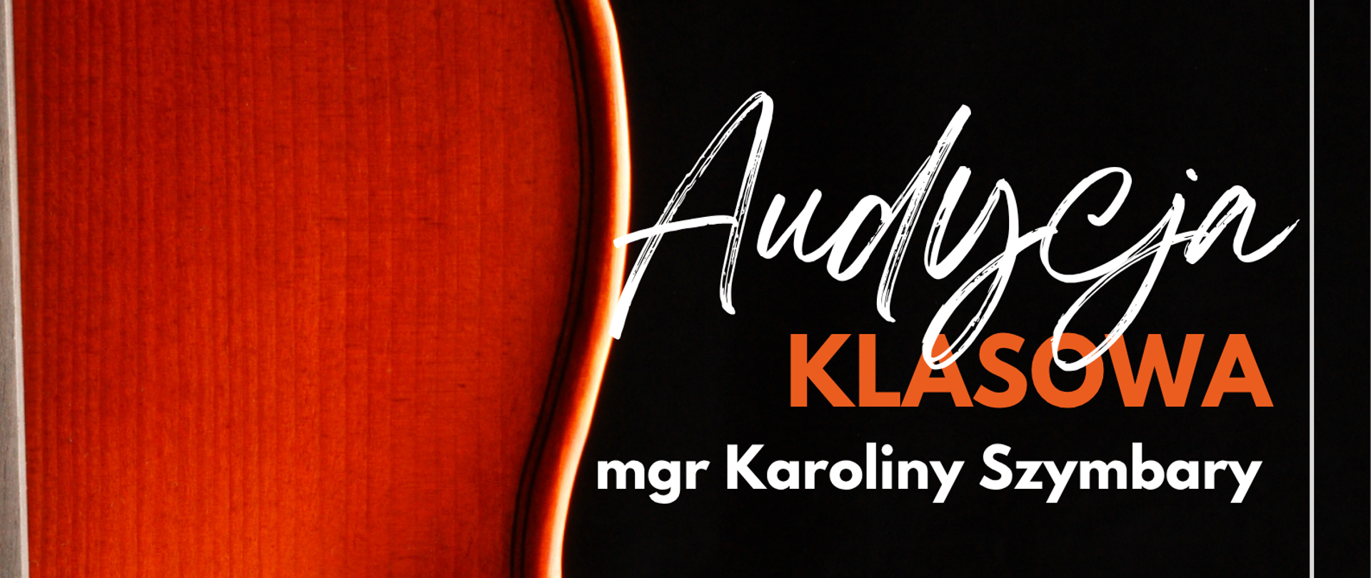 Tło plakatu ma kolor ciemnoszarego drewna, co nadaje elegancki, klasyczny klimat. W centralnej części znajduje się zdjęcie skrzypiec ustawionych pod kątem, co przyciąga uwagę i sugeruje temat wydarzenia związanego z muzyką klasyczną. Na plakacie widnieją napisy w kontrastowym, jasnym kolorze, zapowiadające wydarzenie muzyczne. Oto informacje, które znajdują się na plakacie: Organizator: Państwowa Szkoła Muzyczna I i II st. im. Fryderyka Chopina w Nowym Targu, Wydarzenie: Audycja Klasowa Prowadząca/Nauczyciel: mgr Karolina Szymbary Wykonawcy: uczniowie klasy VI/6 I st. Akompaniament: mgr Jarosław Olszewski (przy fortepianie) Data: 3 czerwca 2025 r. (Wtorek) Godzina: 18.00 Miejsce: Aula Dodatkowa informacja: "Serdecznie zapraszamy"