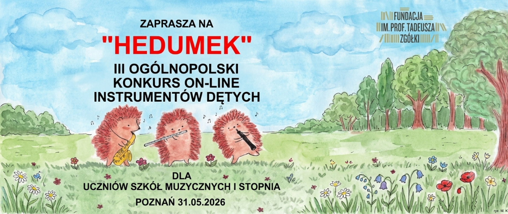 informacje o konkursie dla instrumentów dętych Hedumek na tle grafiki zielonych roślin, drzew, po środku grafika trzech grających na instrumentach jeży