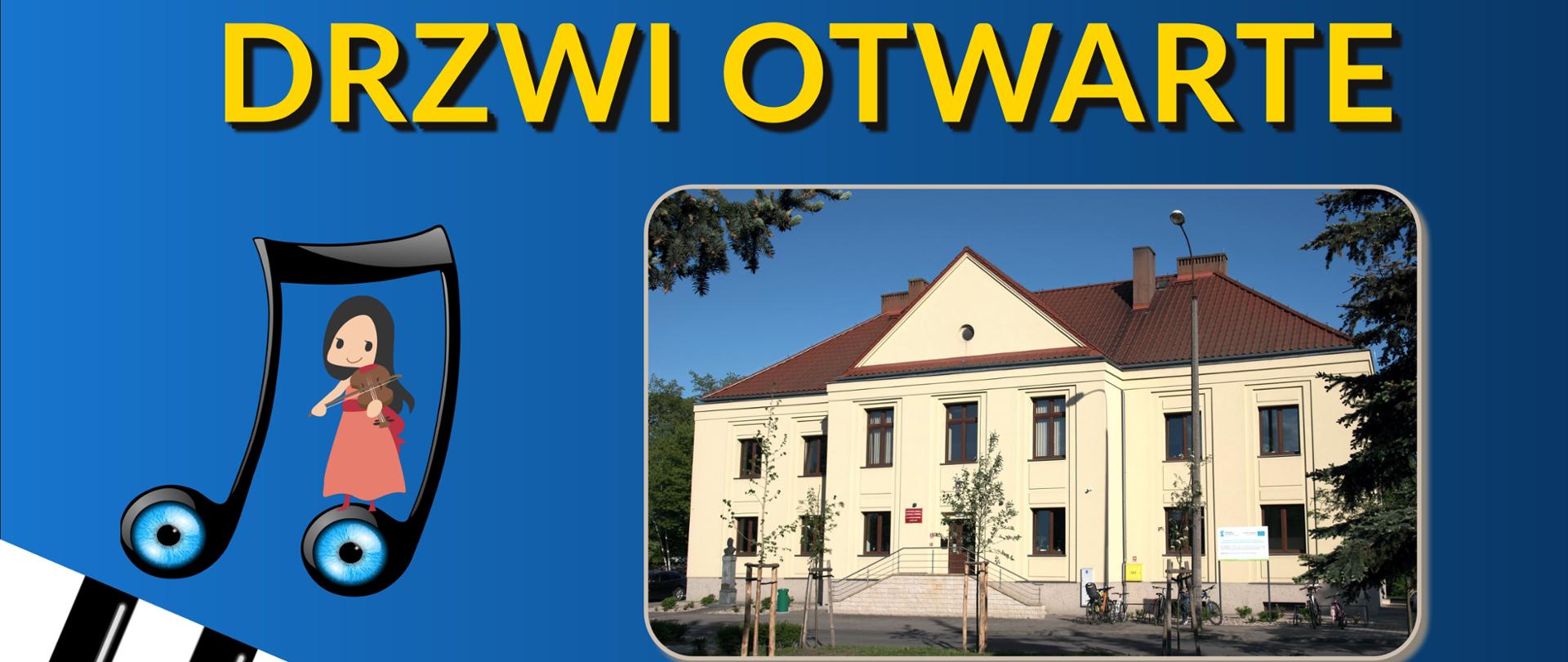 Drzwi Otwarte - plakat na granatowym tle ze zdjęciem budynku szkoły i motywami muzycznymi