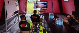 Wnętrze namiotu w którym znajduje się sztab, przy stolikach znajdują się siedzący strażacy obserwujący na ekranie telewizora widok stawu po żwirowni widziany z drona.