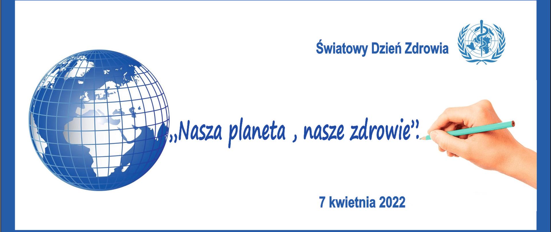 Baner promujący Światowy Dzień Zdrowia: po lewej obraz kuli ziemskiej, po środku hasło"Nasza planeta, nasze zdrowie"