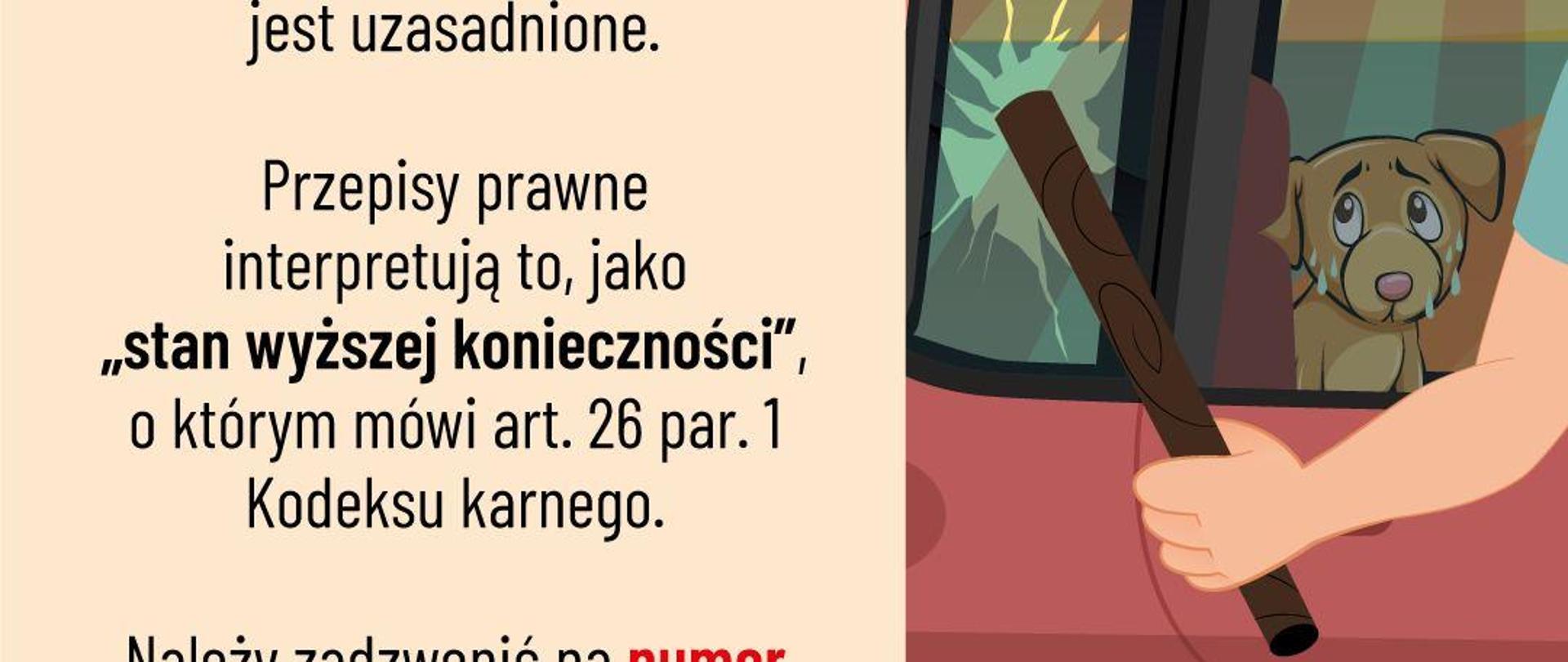 Grafika samochodu z psem wewnątrz ręka z pałką wybija szybę.
