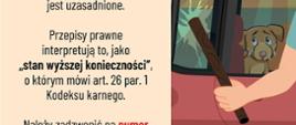 Grafika samochodu z psem wewnątrz ręka z pałką wybija szybę.
